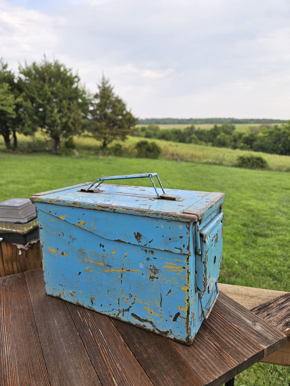 Vintage Metal Ammo Can Blue Distressed Patina Industrial Tool Box Case